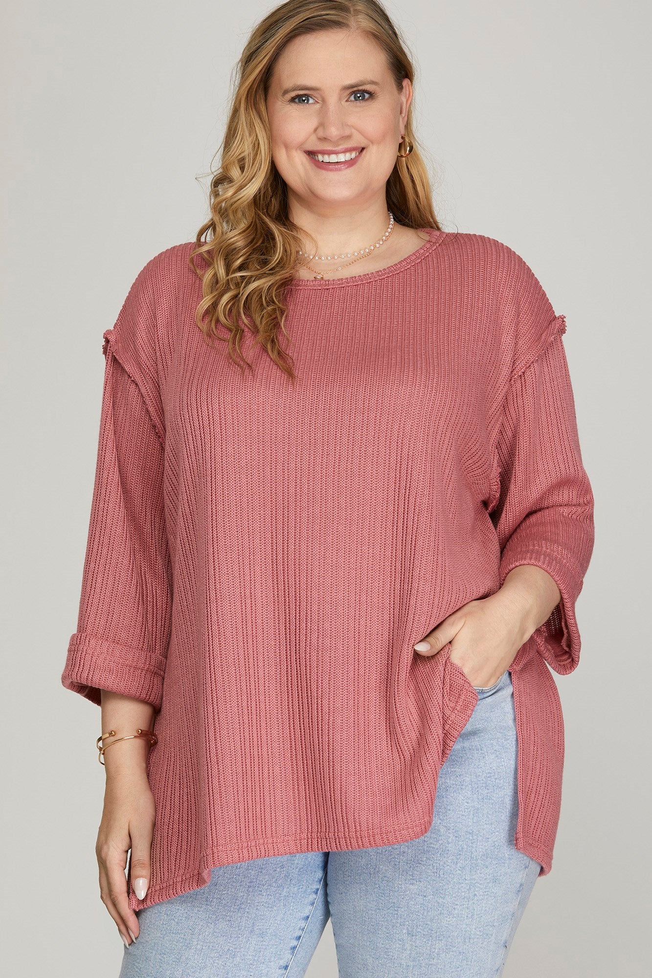 Dusty Rose Folded Sleeve Knit Top