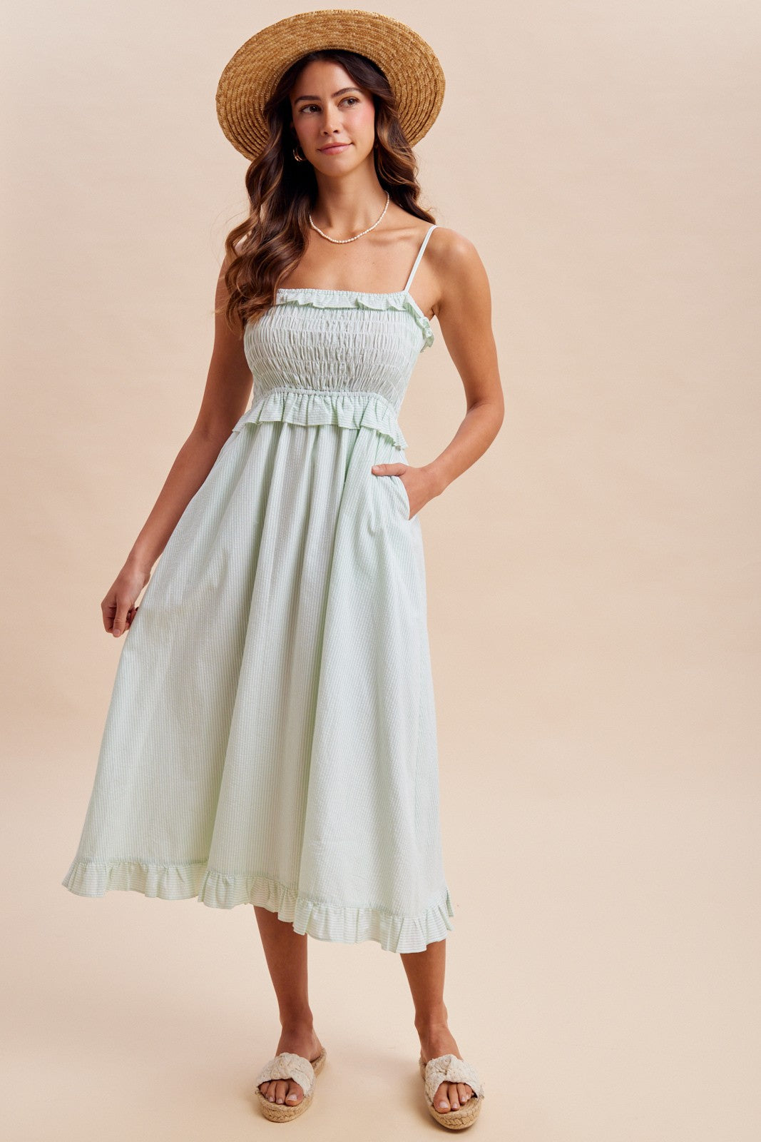 Smocked Sage Midi Dress