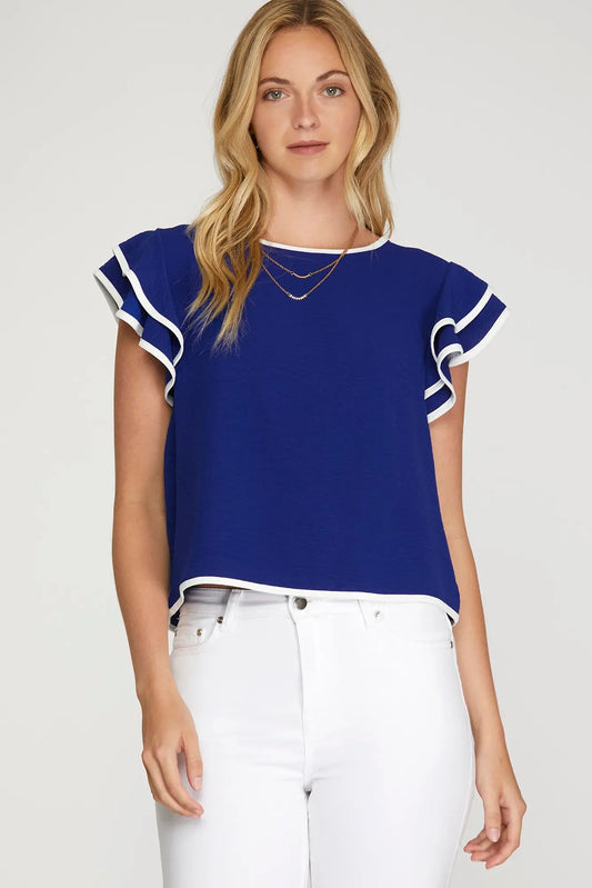 Blue Ruffle Sleeve Top