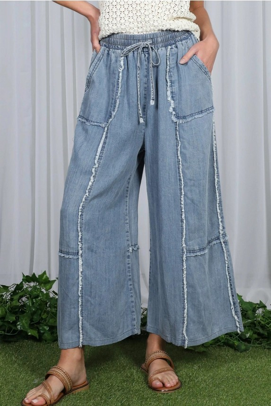 Chambray Washed Wide Leg Pants