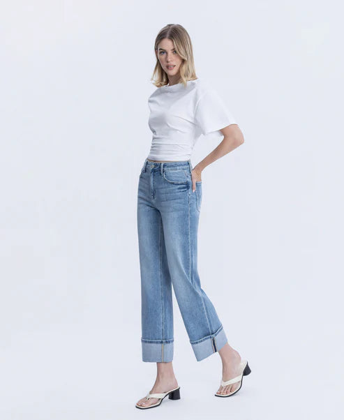 High Rise Cuffed Slim Wide Leg Jeans