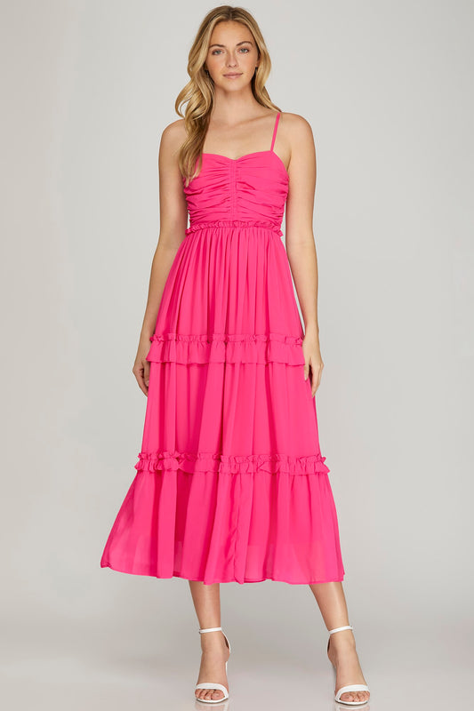 Hot Pink Ruched Midi Dress