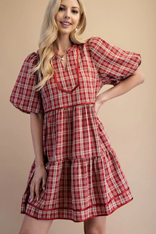 Plaid Puff Sleeve Mini Dress
