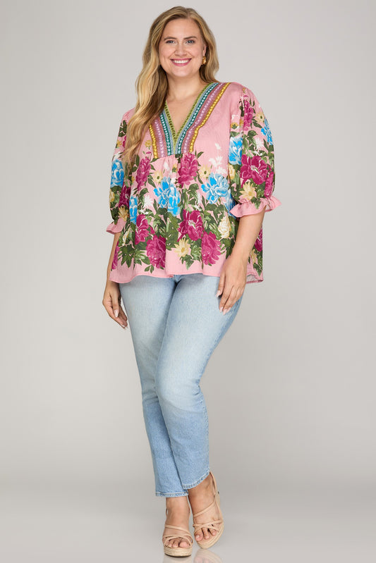 Half Sleeve Pink & Floral Plus Top